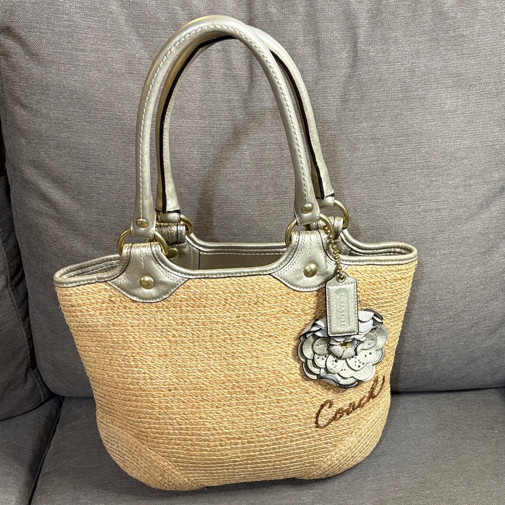 Coach Straw Tote w/ Floral Detail & Metallic Leather Trim - Natural & Gold
